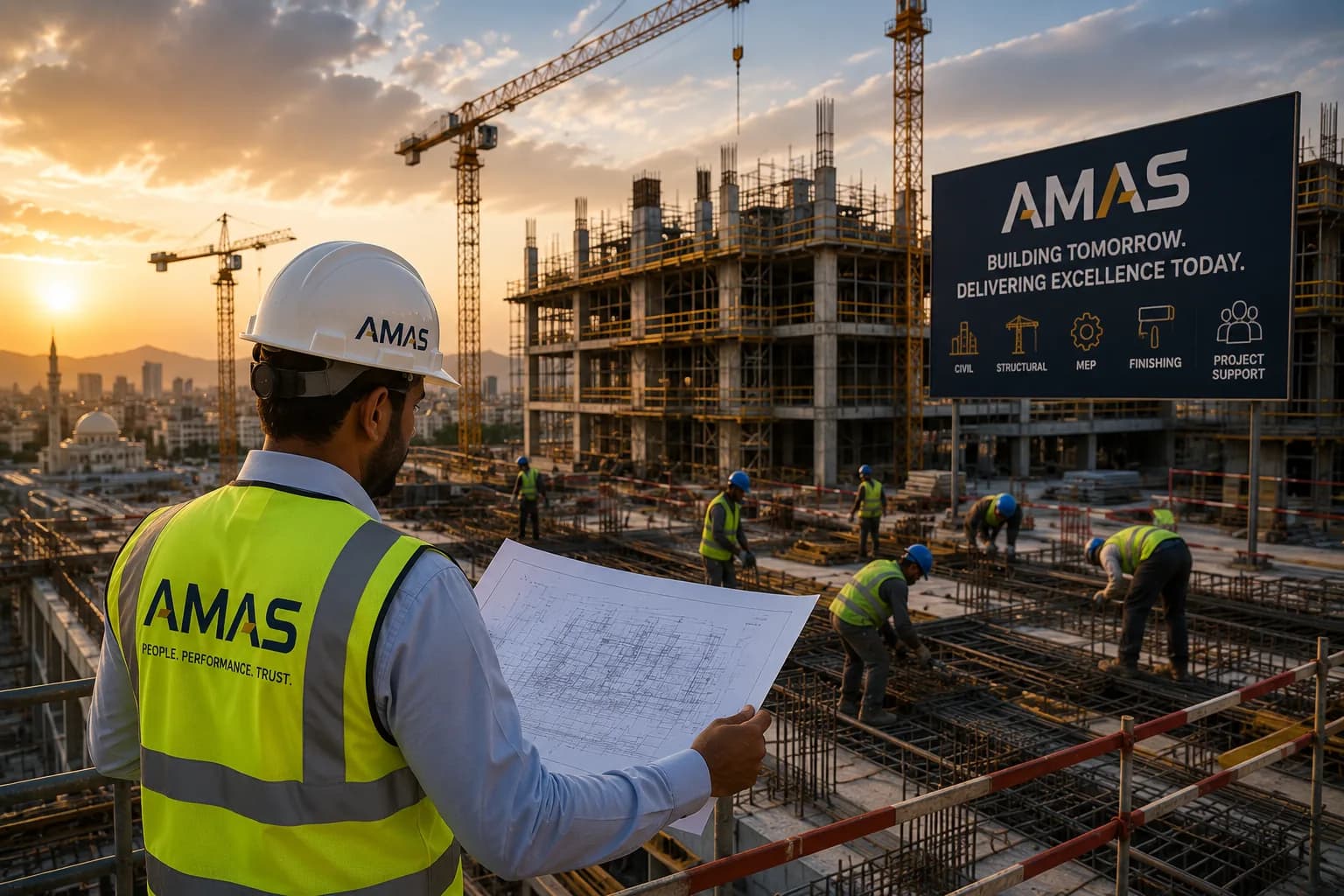 مهندس موقع يحمل المخططات ويطل على هيكل خرساني قيد الإنشاء مع رافعات برجية