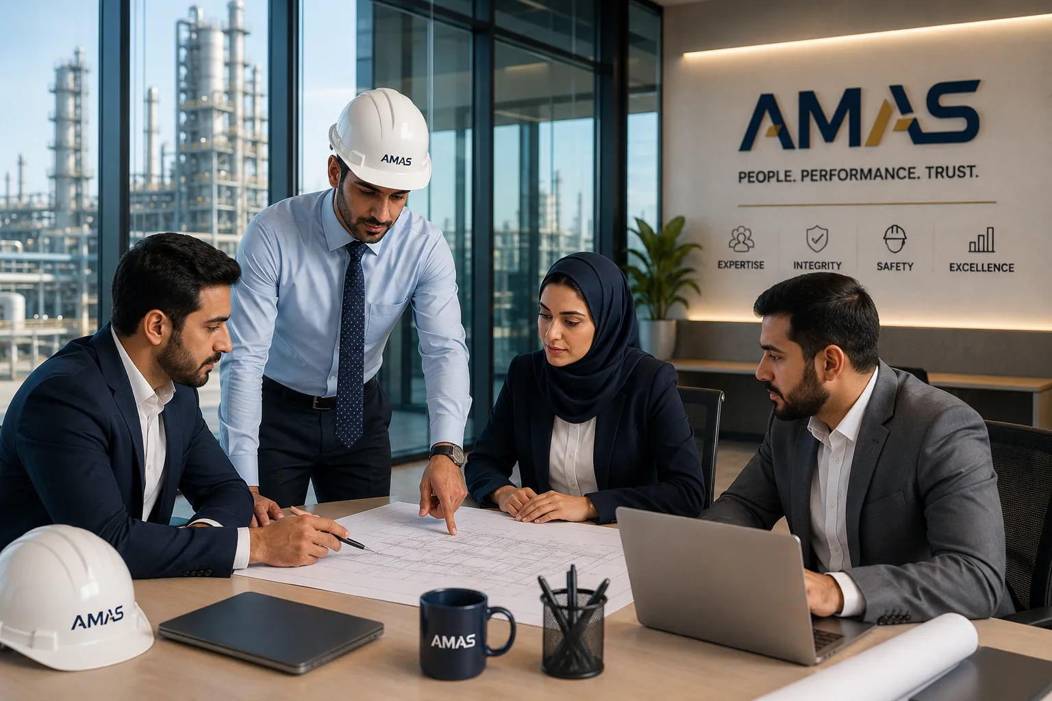 مختصون في الهندسة والإدارة يراجعون المخططات في مكتب يطل على منشأة صناعية